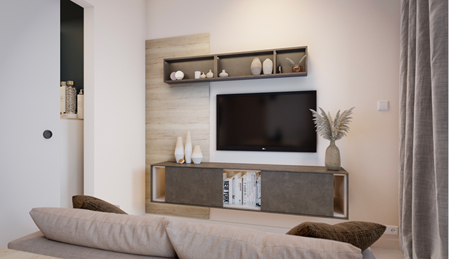 Meuble mural moderne avec étagères et télévision, décoré de vases blancs et d'un vase beige avec des pampas, dans un salon lumineux.