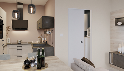 Cuisine moderne avec des placards gris, des luminaires suspendus noirs, et une table en bois décorée de bouteilles et d'un vase noir.